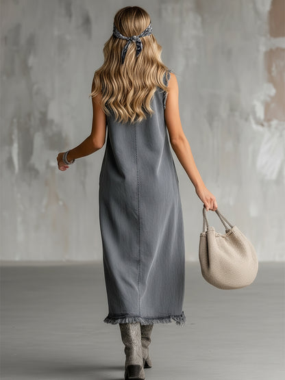 Stylish And Unique Dress With Frayed Irregular Hem Gray Denim Sleeveless Midi Dress