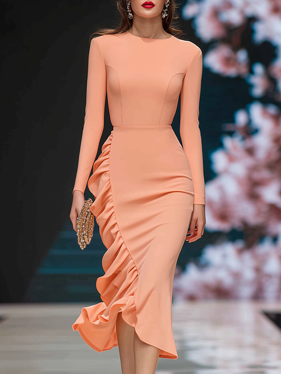 Elegant And Romantic Ruffles Coral Pink Midi Dress
