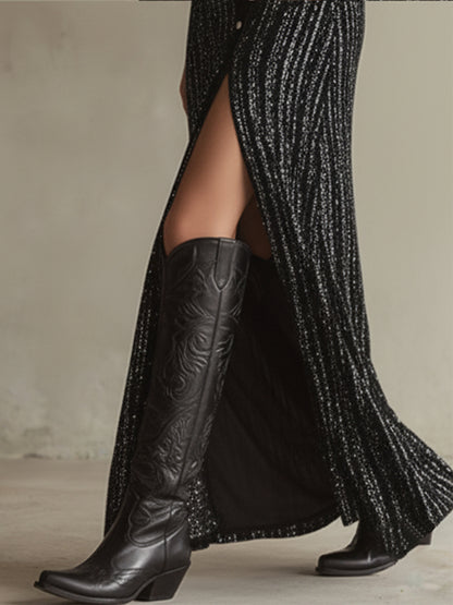 Elegant And Sexy Party Black Sequined Front Button Maxi Dress