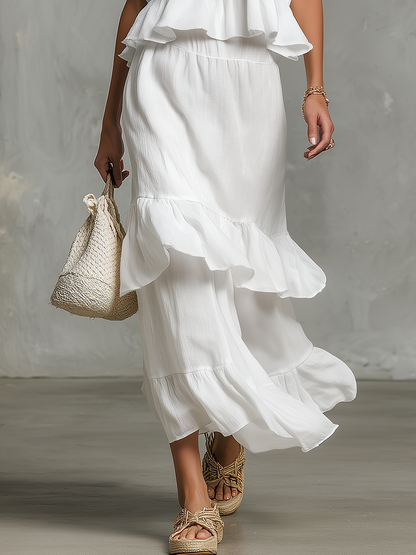 Retro High-quality Elegant Solid-color Sleeveless Top And Ruffle Skirt Set