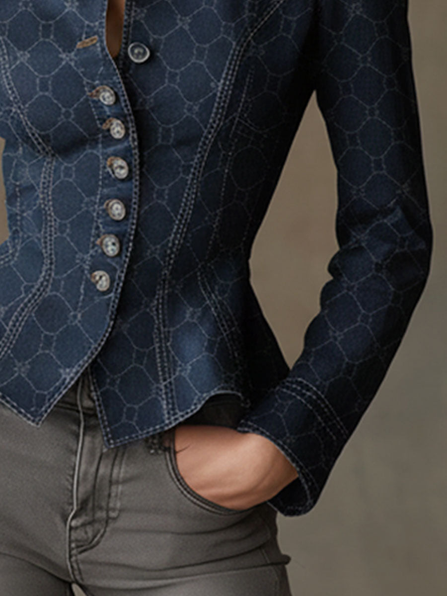 Fashionable Retro Geometric Print Navy Denim Jacket