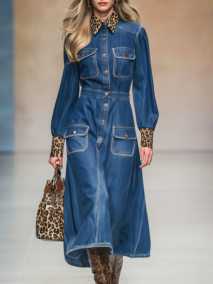 Retro Elegant Leopard Print Lapel Denim Midi Dress