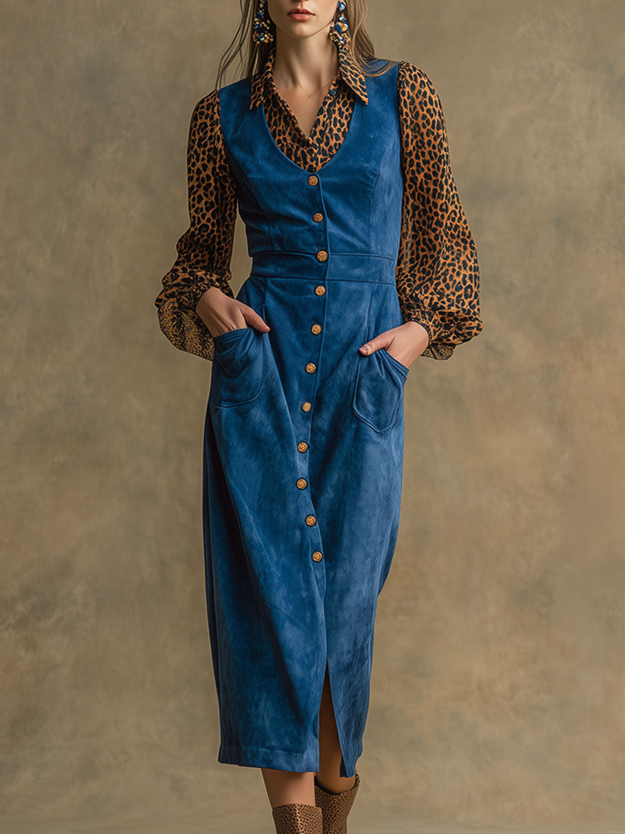 Western Retro Long-Sleeved Chiffon Leopard Print Blue Faux Suede Midi Dress