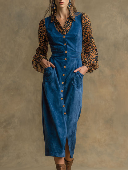 Western Retro Long-Sleeved Chiffon Leopard Print Blue Faux Suede Midi Dress