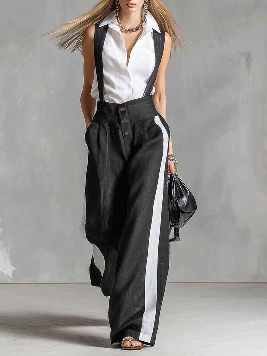 Stylish Urban Detachable Strap Black Cotton And Linen Wide-leg Jumpsuit