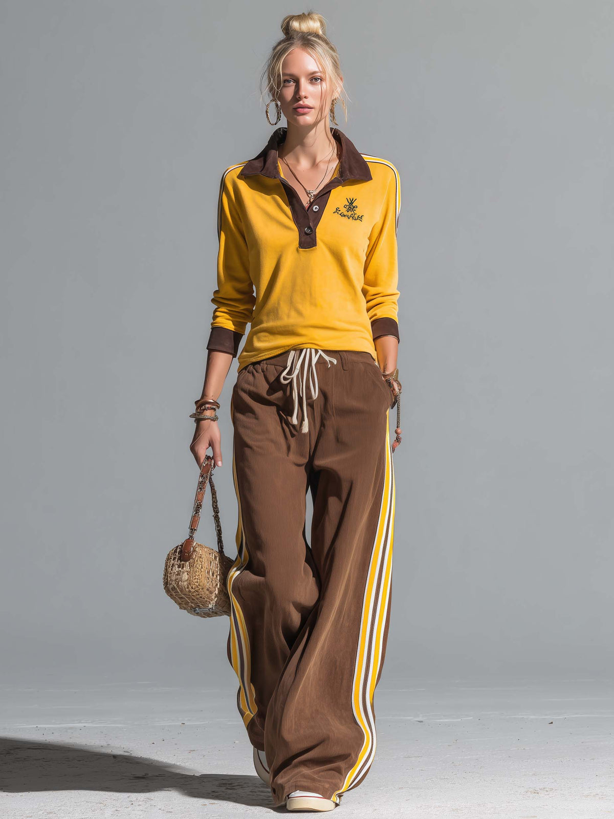Retro Sporty Color Block Polo Top Side Stripe Wide Leg Pants Set