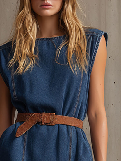 Casual Retro Dark Blue Denim Lace-up Sleeveless Mini Dress