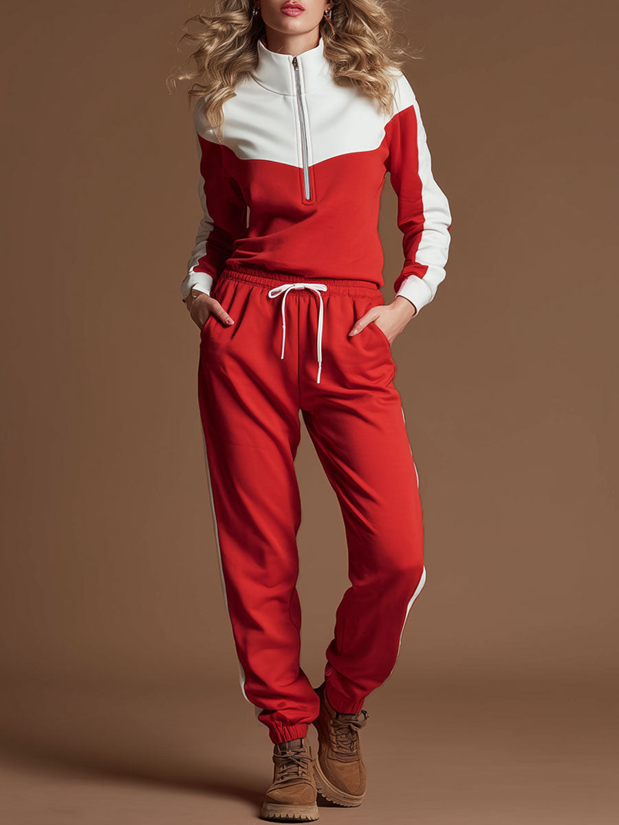 Retro-style Red And White Cotton Blend Long-sleeved Sweatshirt And Pants Set