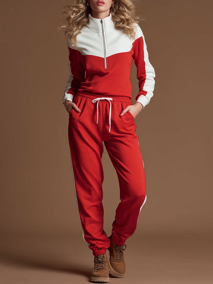 Retro-style Red And White Cotton Blend Long-sleeved Sweatshirt And Pants Set