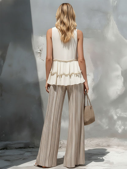 Stylish And Casual Off-white Ruffled Sleeveless Chiffon Blouse And Striped Trousers Set