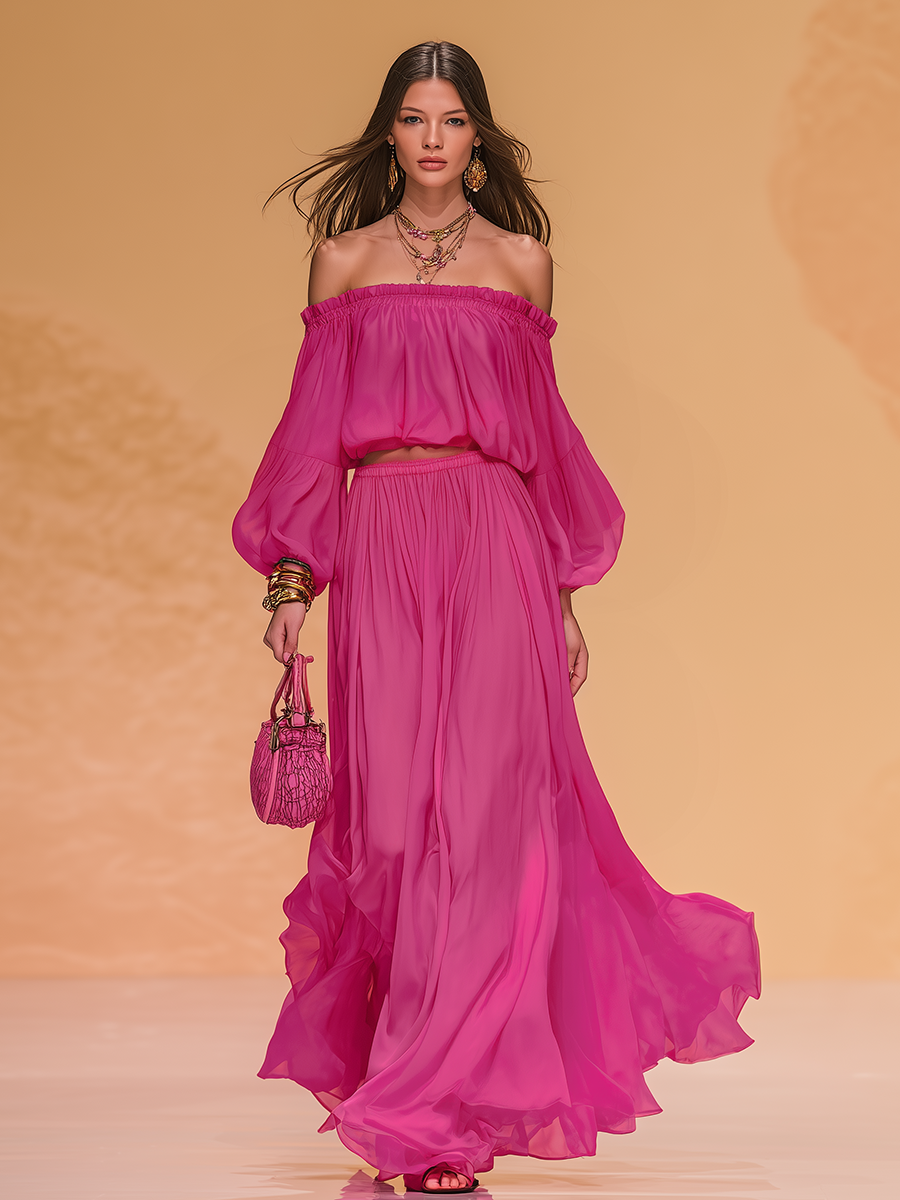 Elegant Vintage Off-the-shoulder Chiffon Top And Wide-leg Pants Set