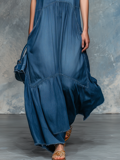 Casual And Stylish V-neck Sleeveless Frayed Edges Maxi Dress