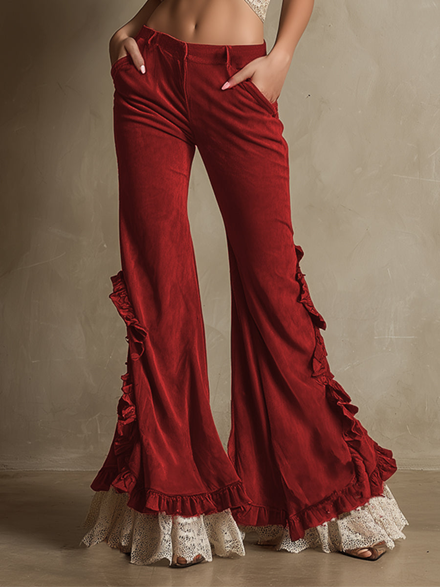 Stylish Retro Ruffled Red Faux Suede Flared Pants