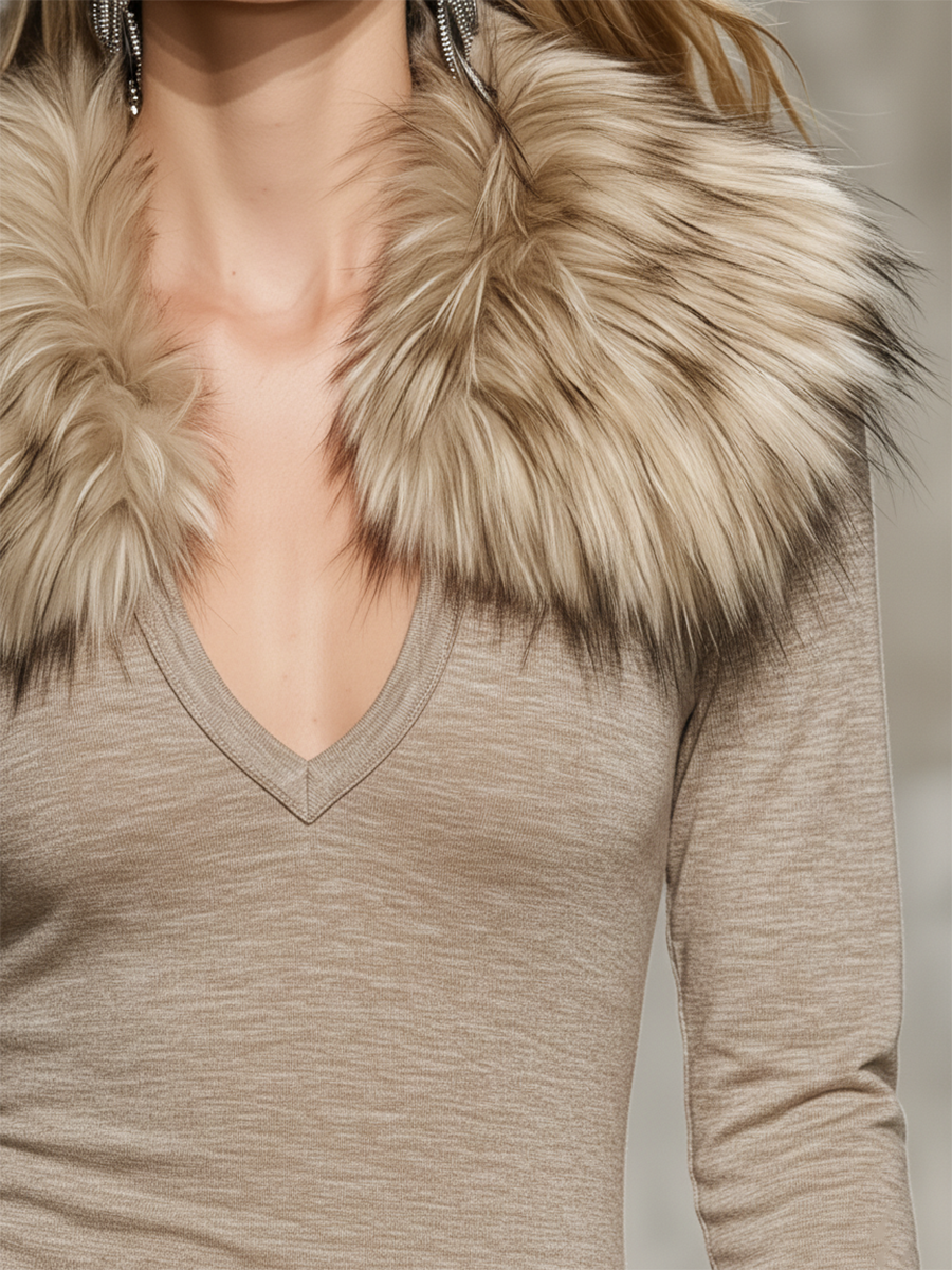 Elegant Detachable Faux Fur Collar Long-Sleeve Midi Dress