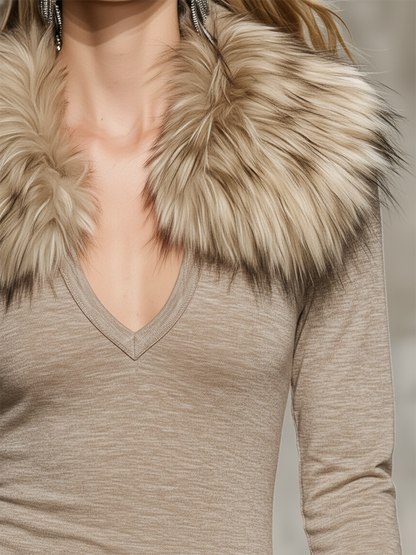 Elegant Detachable Faux Fur Collar Long-Sleeve Midi Dress