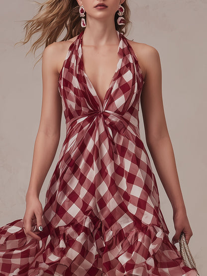Elegant Resort-style Red Classic Plaid Halter V-neck Chiffon Maxi Dress