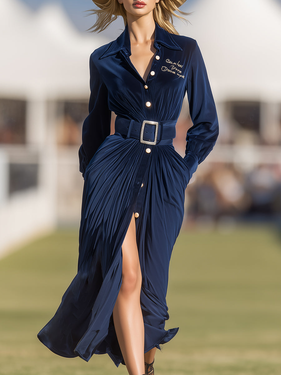 Stylish And Casual Button-down Dark Blue Midi Dress