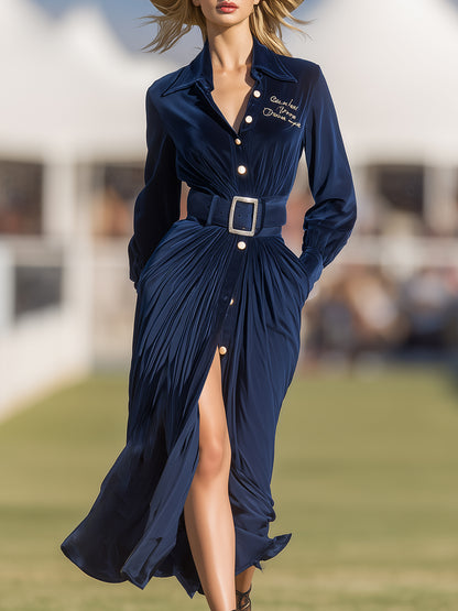 Stylish And Casual Button-down Dark Blue Midi Dress
