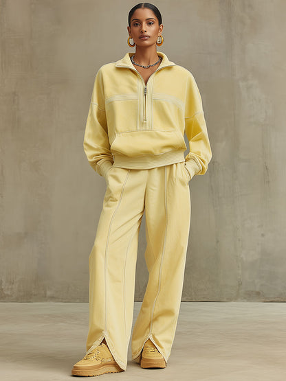 Casual Retro Pale Yellow Cotton Half-zip Sweatshirt And Split Wide-leg Pants Set