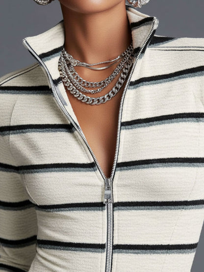 Sporty Retro Off-White Striped Knit Zipper Top And Wide-Leg Pants Set