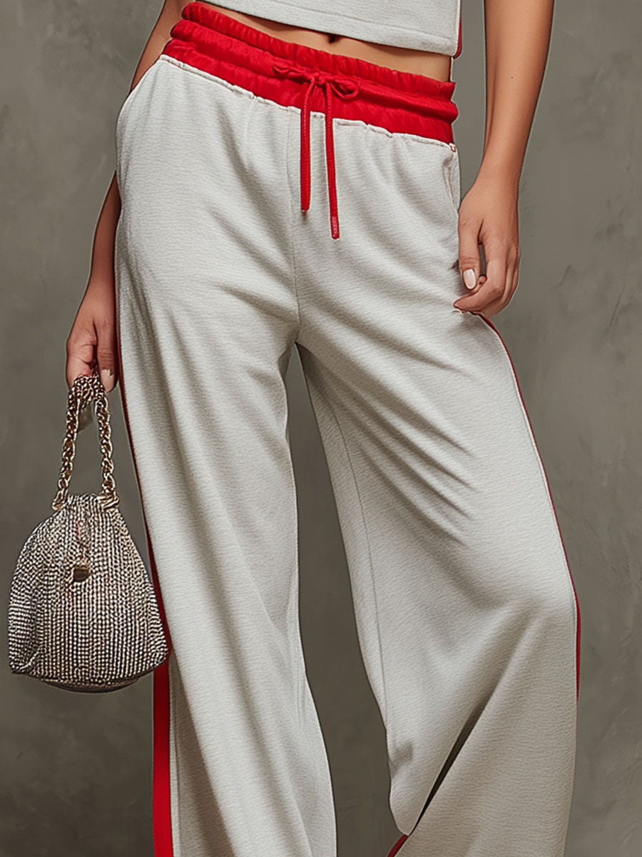 Sporty Casual Red-trimmed Gray Sleeveless Top And Pants Set