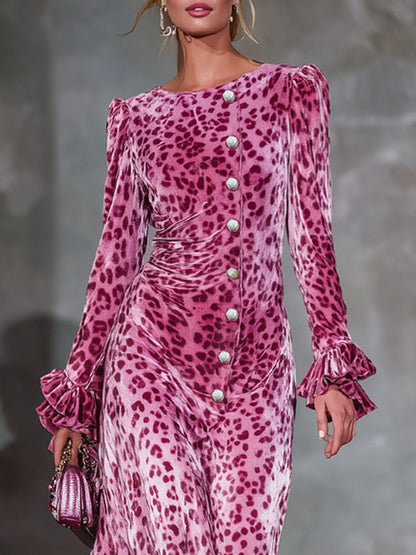 Round Neck Multi-button Leopard Print Ruffled Long-sleeved Maxi Dress