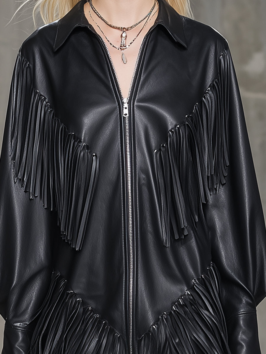 Western-style Faux Leather Zip-up  With Fringe Details Mini Dress