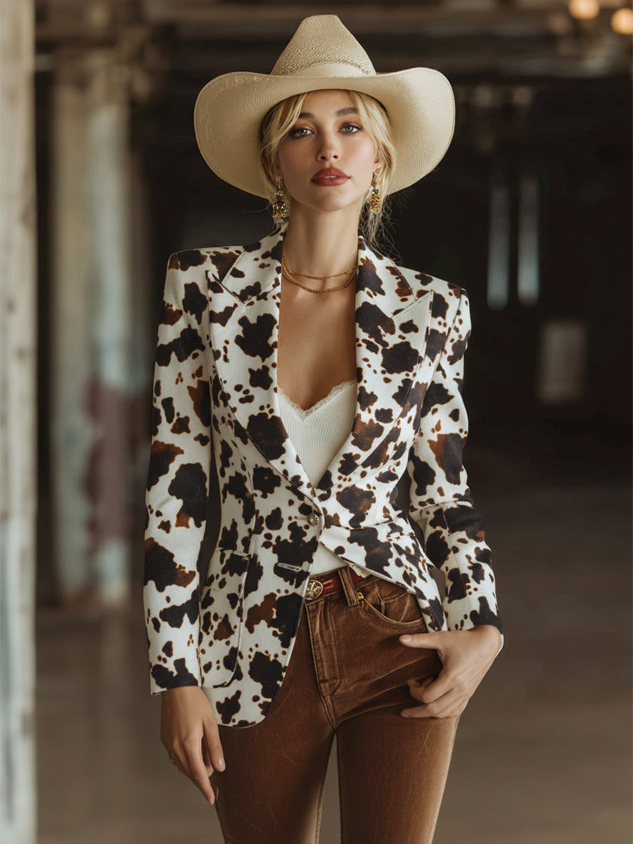 Retro Western White Cow Print Faux Leather Blazer