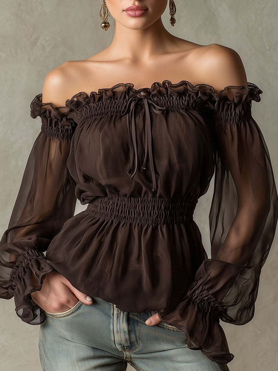 Fashionable Retro Ruffled Brown Off-shoulder Chiffon Blouse
