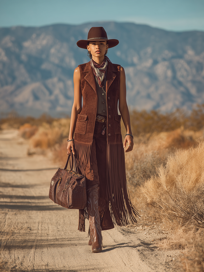 Stylish Western-style Brown Faux Suede Fringed Mid-length Vest