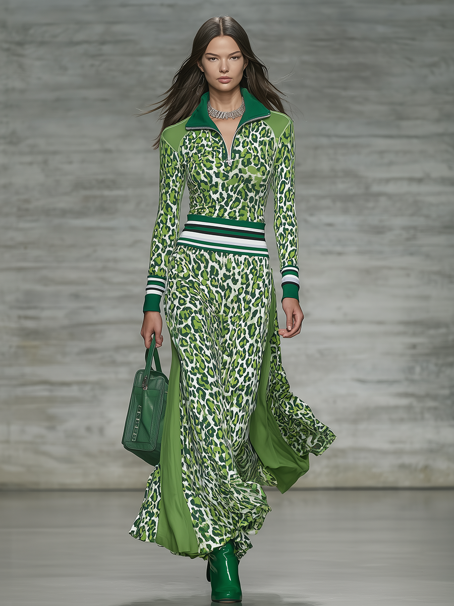 Sporty Retro Zip-up Collar Patchwork Leopard Print Midi Dress