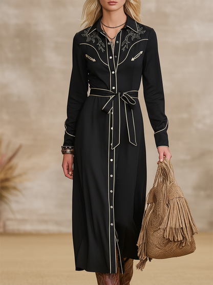 Chic Western Embroidered White Striped Black Matte Satin Maxi Dress