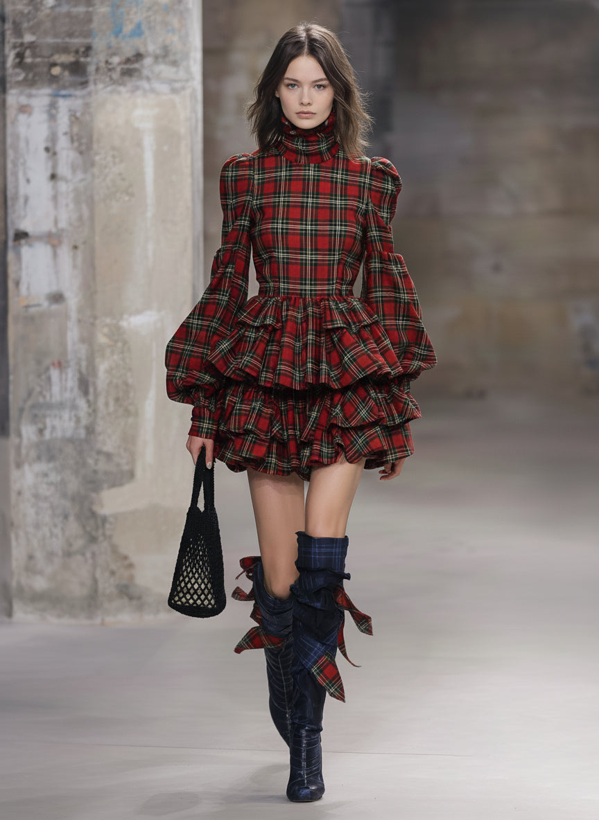 Western-style High-neck Red Plaid Ruffled Mini Dress