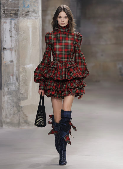 Western-style High-neck Red Plaid Ruffled Mini Dress