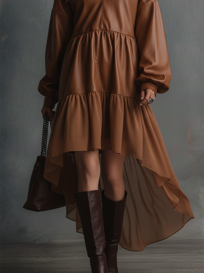 Retro-style V-neck Ruffled Faux Leather Dress