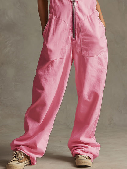 Sporty Retro Pink Cotton Blend Zipper Wide-leg Overalls