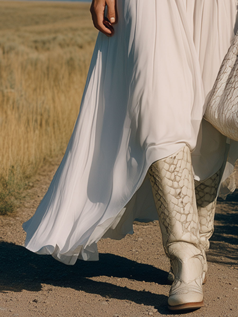 Western Retro White Chiffon Long Skirt