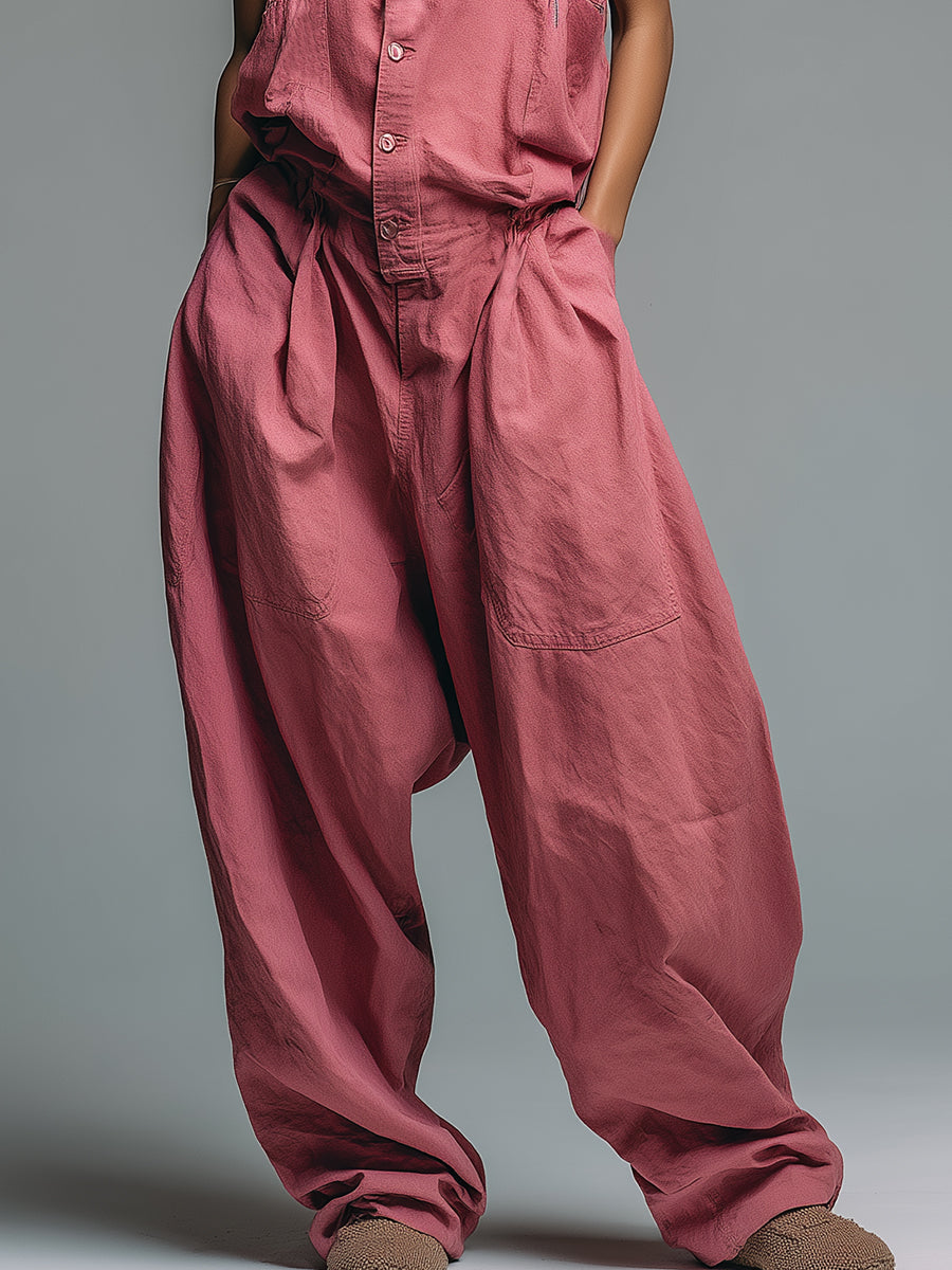 Casual Loose Gray-pink Cotton Linen Jumpsuit Overalls