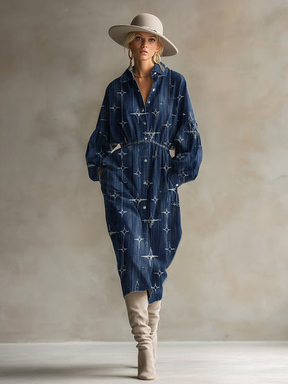 Stylish And Casual Blue Star Denim Midi Dress