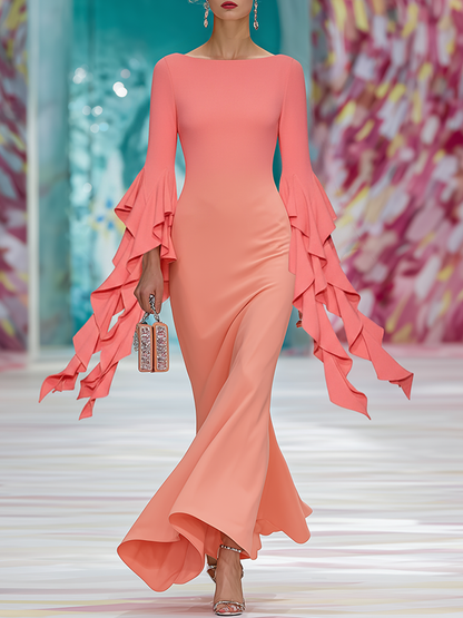 Stylish Boat Neckline Ruffled Sleeves Gradient Coral Pink Maxi Dress