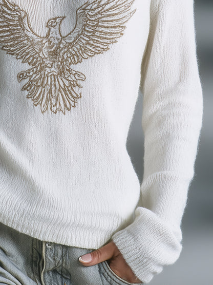 Stylish White Eagle Pattern Long-sleeved Sweater