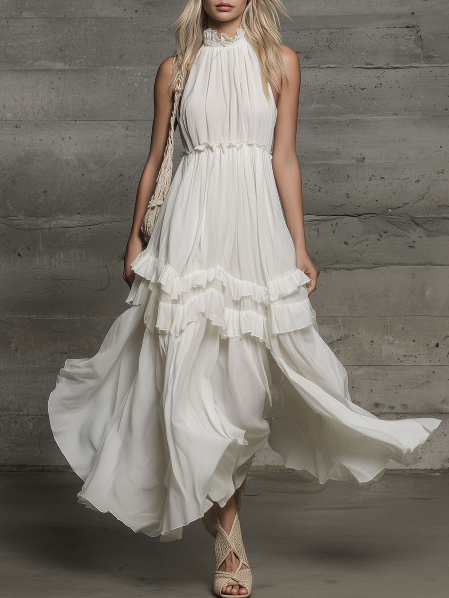 Elegant Vacation Stand-collar Sleeveless Ruffled Chiffon Midi Dress