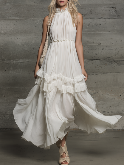 Elegant Vacation Stand-collar Sleeveless Ruffled Chiffon Midi Dress