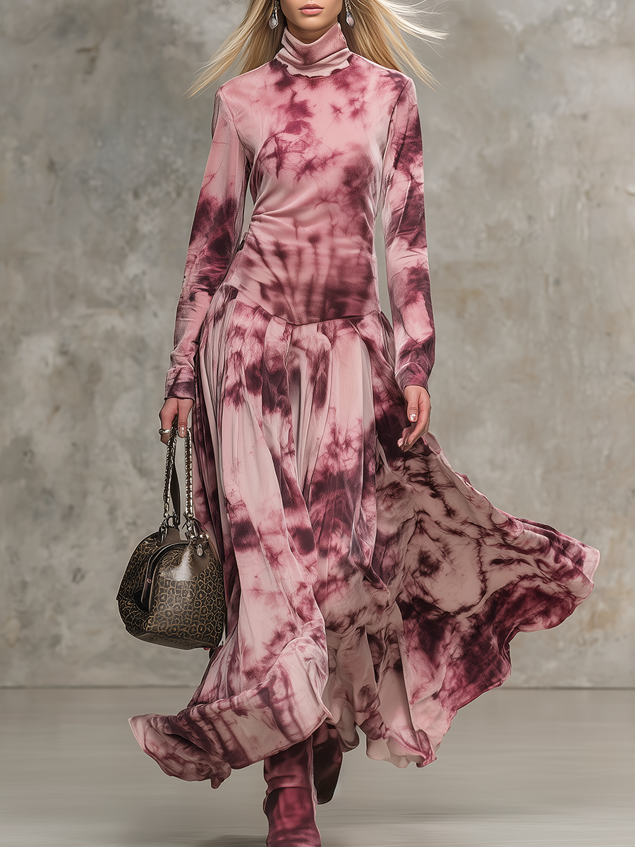 Retro Tie-dye Print High-neck Faux Suede Maxi Dress