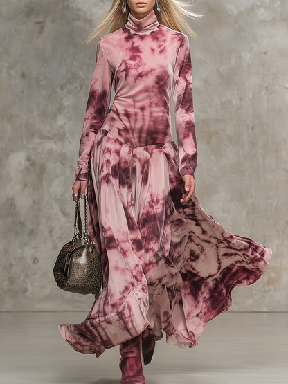 Retro Tie-dye Print High-neck Faux Suede Maxi Dress