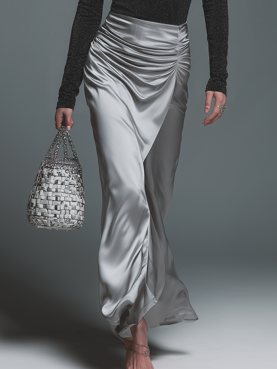 High-quality Elegant Fashion Pleated Satin Maxi Skirt