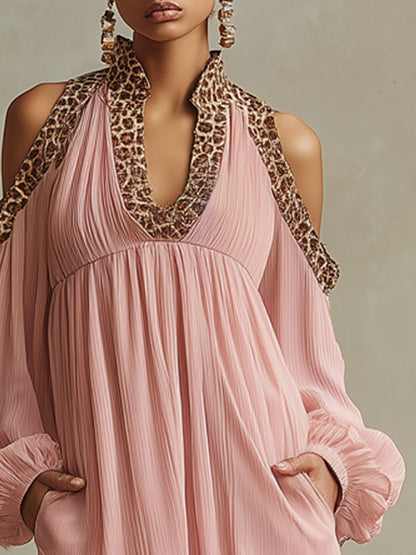 Vintage Leopard Print Pleated Pink Chiffon Openwork Long-sleeved Mini Dress