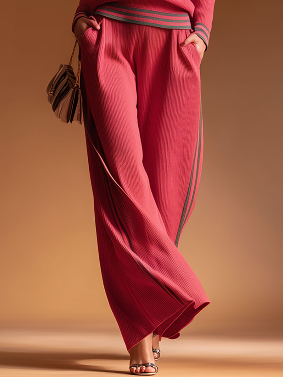 Casual Style Red Knitted Top And Wide-leg Pants Set