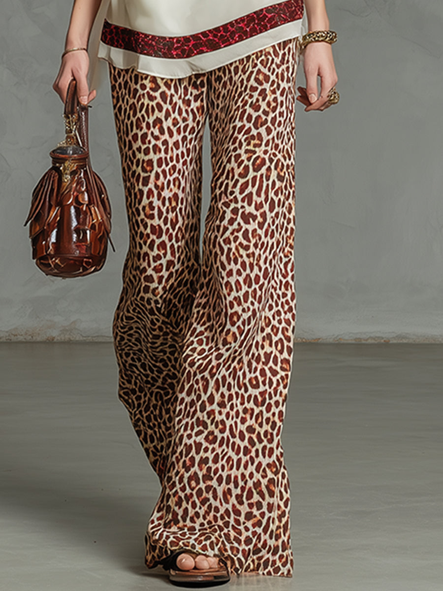 Stylish And Elegant Beige Chiffon Top And Leopard Print Trousers Set
