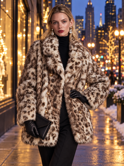 Vintage-Inspired Leopard Faux Fur Double-Breasted Gold Button Statement Coat